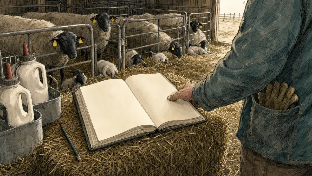 Inside a lambing barn: a worn record book and pencil on a straw bale by the lambing jugs, ewes and lambs behind.