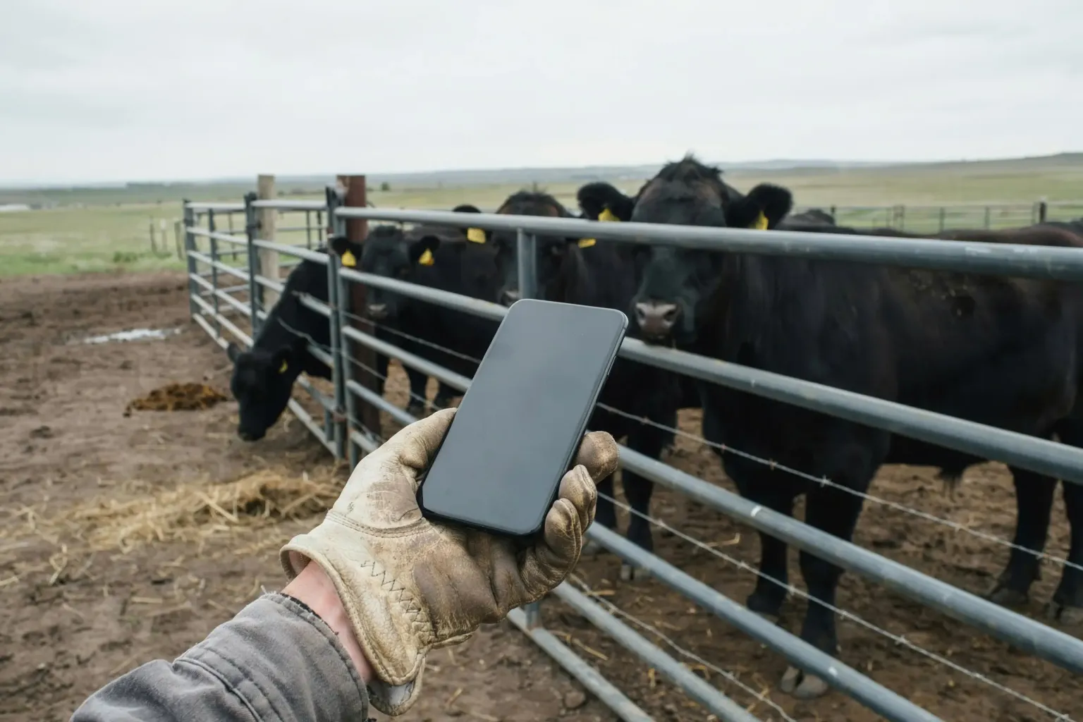 A gloved hand holds a phone in a corral with tagged cattle behind.