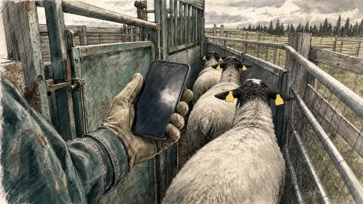 A producer's gloved hand holding a phone at a sheep handling system, ewes waiting in the alley behind.