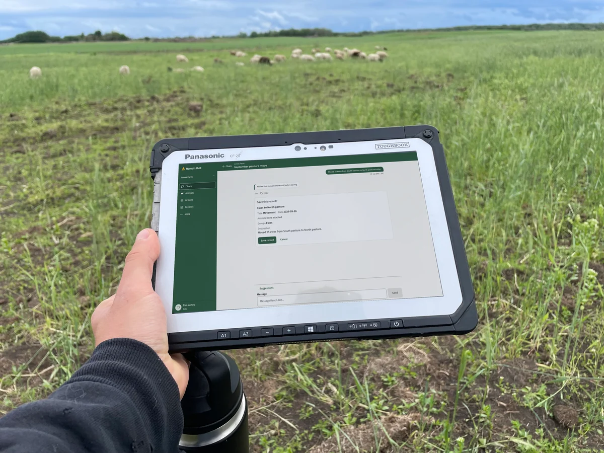 A hand holding a field tablet showing the Ranch.Bot dashboard, with sheep grazing beyond it.