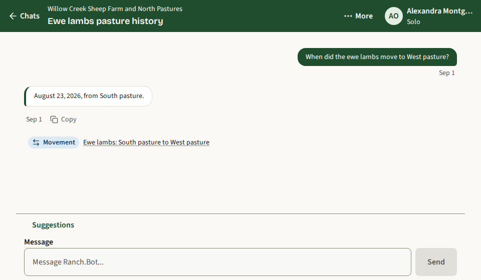 Web chat answers when the ewe lambs moved to West pasture, with a reference to the saved movement record.